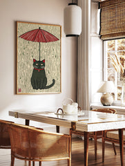 Stylised black cat with red collar and eyes sitting under a red umbrella in green rain, Japanese, in a styled room mockup