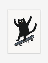 Black cat illustration on a skateboard with arms raised in excitement on a white background. Playful cat wall art.