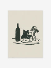 Minimalist illustration of a black cat peeking from behind a wine bottle and glass, with flowers, on a beige background.