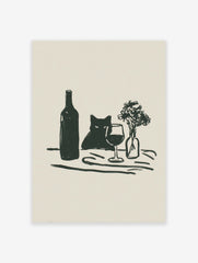 Minimalist illustration of a black cat peeking from behind a wine bottle and glass, with flowers, on a beige background.