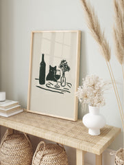 Minimalist illustration of a black cat peeking from behind a wine bottle and glass, with flowers, on a beige background. - Image 3