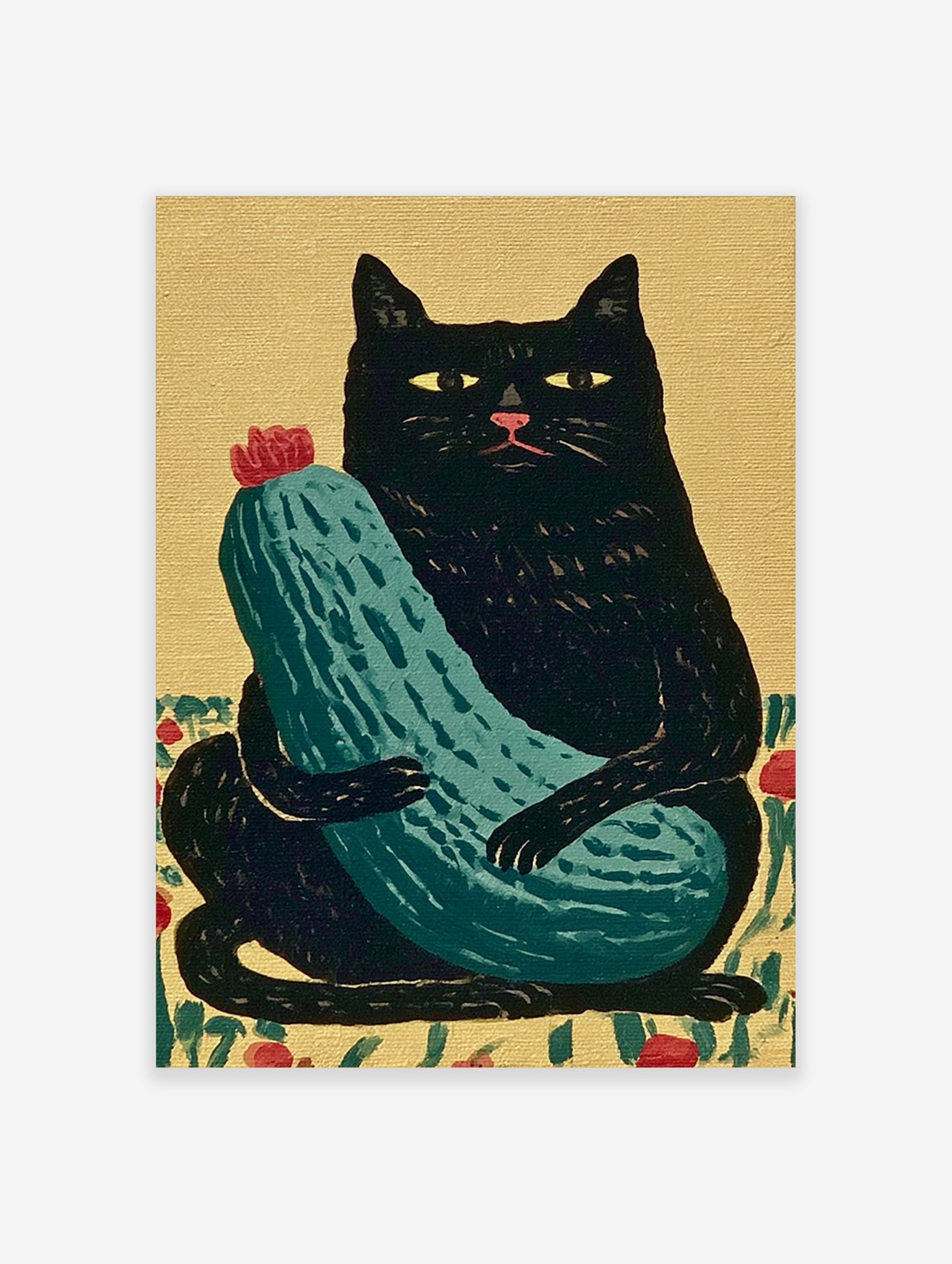Stylized black cat holding a green zucchini with a red flower on a tan background, illustrative wall art print