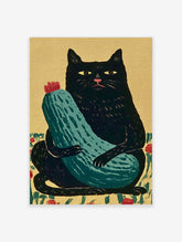 Stylized black cat holding a green zucchini with a red flower on a tan background, illustrative wall art print