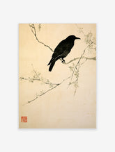 Black crow perched on blossom branch in Japanese ink style on beige background