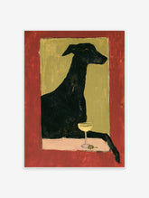 Black whippet cocktail poster with coupe glass and olive on red and olive green background
