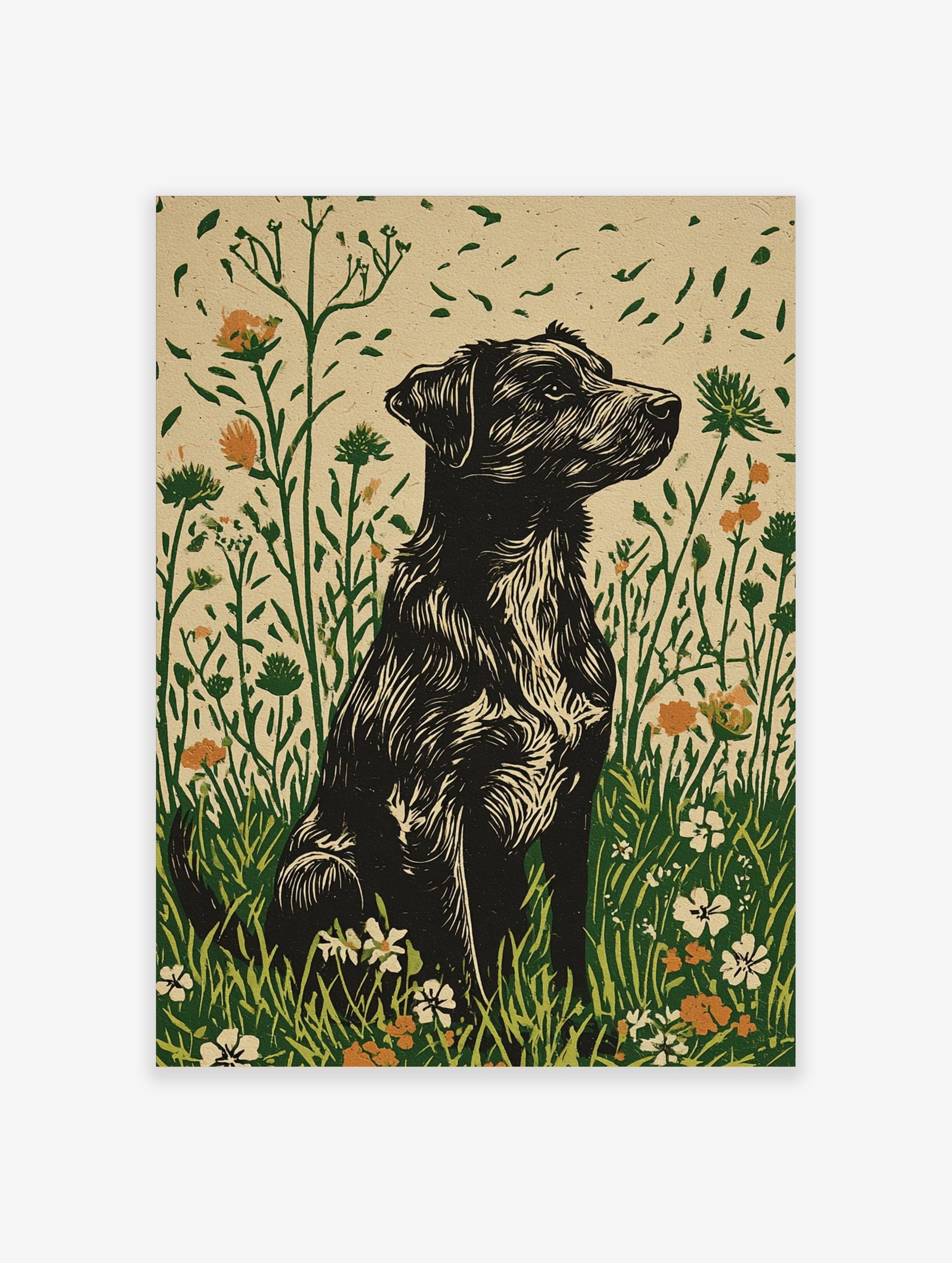 Black shaggy dog in linocut style sitting in a green and orange wildflower meadow art print