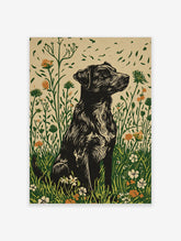 Black shaggy dog in linocut style sitting in a green and orange wildflower meadow art print