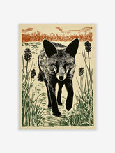Black fox linocut print walking through green and brown reeds with an intense gaze, illustrative style