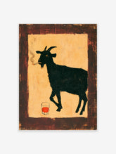 Black goat smoking a cigarette with red drink on tan background, dark border