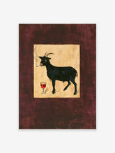 Black goat smoking a cigarette beside a glass of red wine on a gold background poster