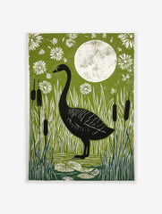 Black goose standing in a pond with tall white reeds, black cattails, a full moon, and white flowers on a green background