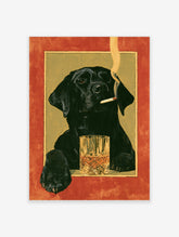 Black Labrador poster with cigar and cut-glass tumbler on red and olive background