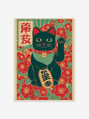 Black Maneki-neko lucky cat art print with raised paw, red collar, Japanese text, and floral teal background