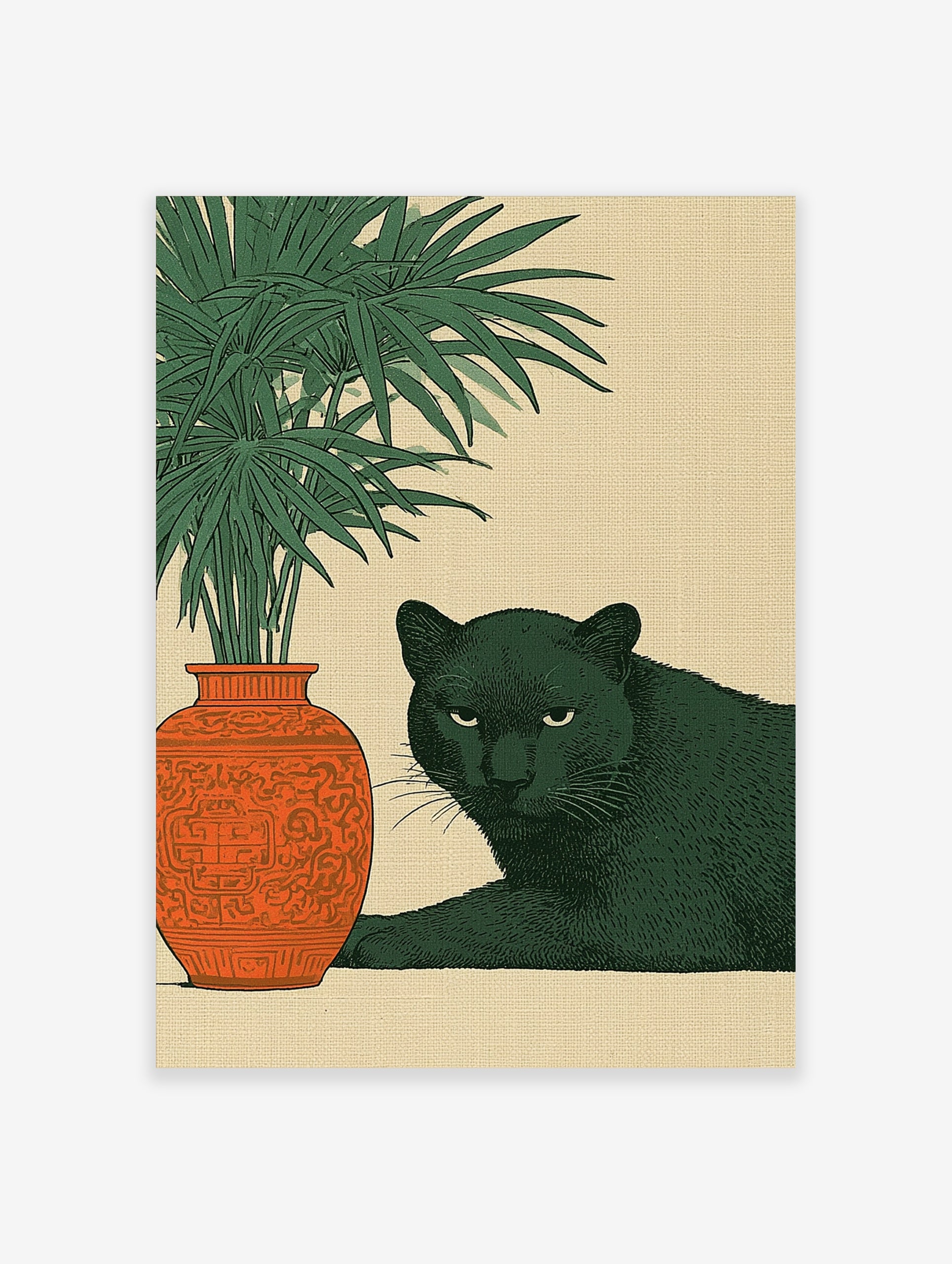 Illustrative black panther lying next to an ornate orange vase and green plant on a beige background