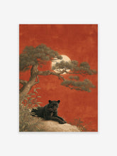 Black panther wall art illustration with a panther on a rock under a pine tree and a red moon in a Japanese art style.