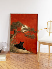 Black panther wall art illustration with a panther on a rock under a pine tree and a red moon in a Japanese art style. - Image 2