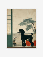 Black poodle wall art standing on a balcony with a green screen, red pots, and a pine tree in a Japanese art style.
