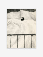 Black rabbit sitting in a bed with white pillows and a dark metal frame, monochrome animal art print