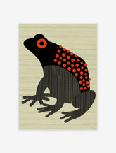 Black and red frog poster with stylized body, red polka dots, and vertical stripes, on a light beige striped background.