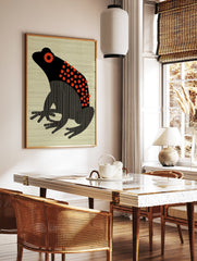 Black and red frog poster with stylized body, red polka dots, and vertical stripes, on a light beige striped background. - Image 2