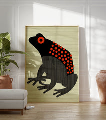Black and red frog poster with stylized body, red polka dots, and vertical stripes, on a light beige striped background. - Image 3