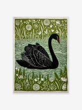 Black swan linocut print with green botanical background and white water ripples, facing left