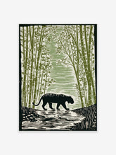 Illustrative black tiger with stripes walking through a green bamboo forest in a woodcut style art print