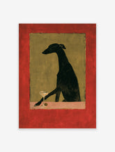 Black whippet dog sitting in profile with a cocktail glass and olive on a pink ledge, olive green panel and red border