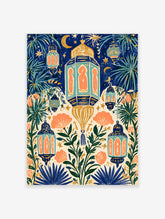 Navy blue and coral lantern wall art print with hanging Islamic lamps, crescent moons, and palm leaves
