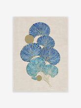 Blue and gold botanical fan leaf wall art print on a textured beige canvas, featuring a cluster of stylized leaves.