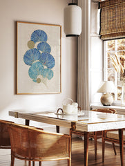 Blue and gold botanical fan leaf wall art print on a textured beige canvas, featuring a cluster of stylized leaves. - Image 2