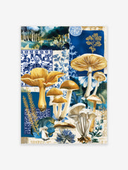 Blue and gold mushroom botanical collage art print with various fungi and patterned backgrounds