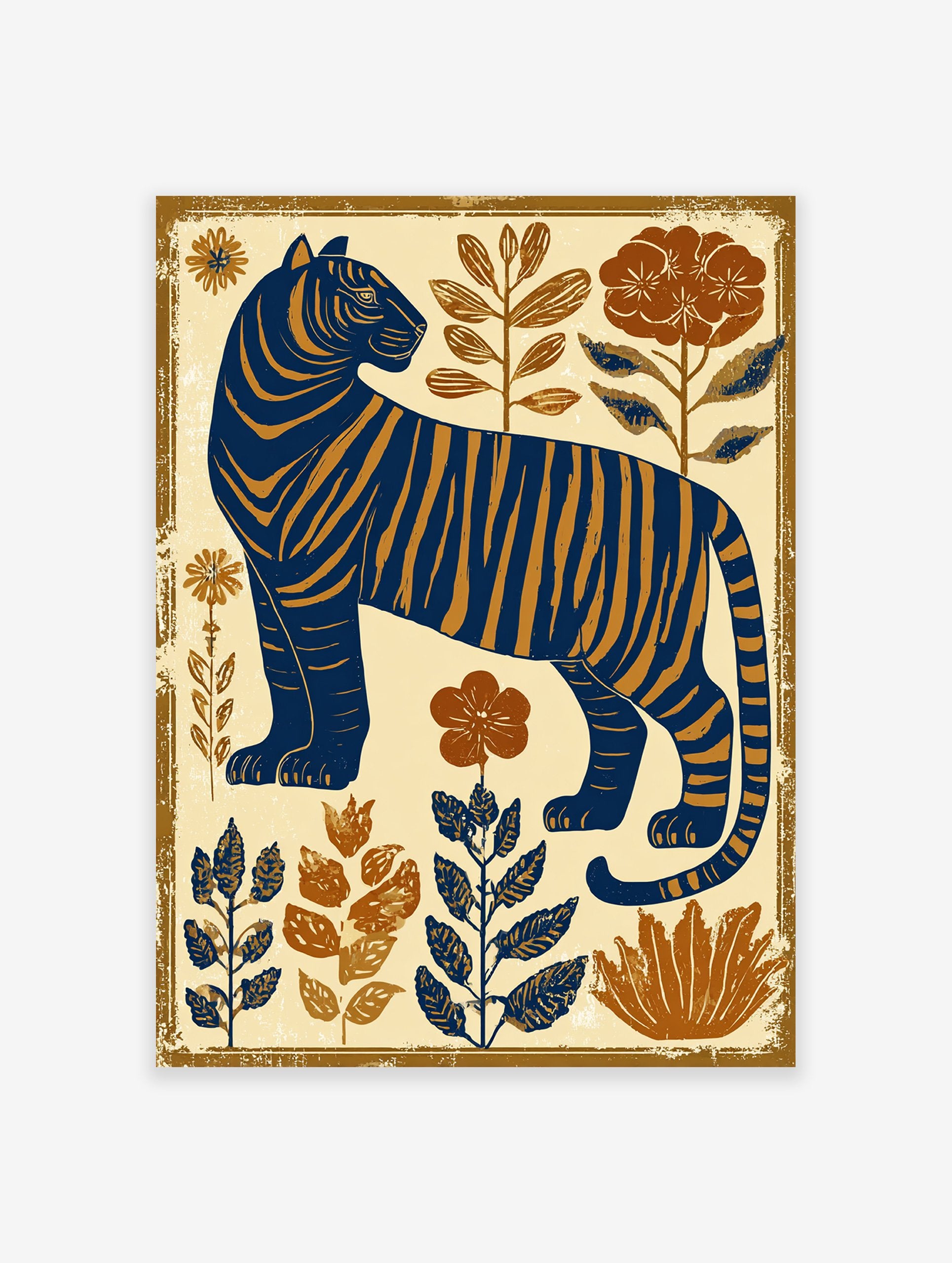 Blue and gold tiger poster in a folk art style, standing amidst botanical plants and flowers.