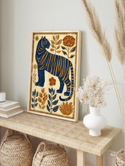 Blue and gold tiger poster in a folk art style, standing amidst botanical plants and flowers. - Image 4