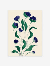 Modern botanical wall art print with deep blue flowers and dark green leaves on a light cream background, illustrative style.