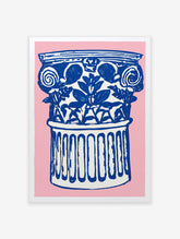Blue and white illustrative classical column poster with floral motifs on a vibrant pink background for home decor.