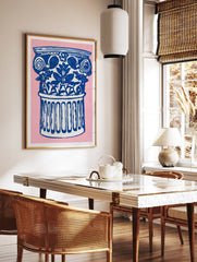 Blue and white illustrative classical column poster with floral motifs on a vibrant pink background for home decor. - Image 2