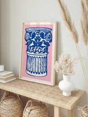 Blue and white illustrative classical column poster with floral motifs on a vibrant pink background for home decor. - Image 4