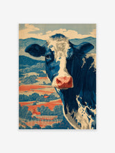 Blue and white Holstein cow illustration against red fields and blue hills, in a vintage woodcut style
