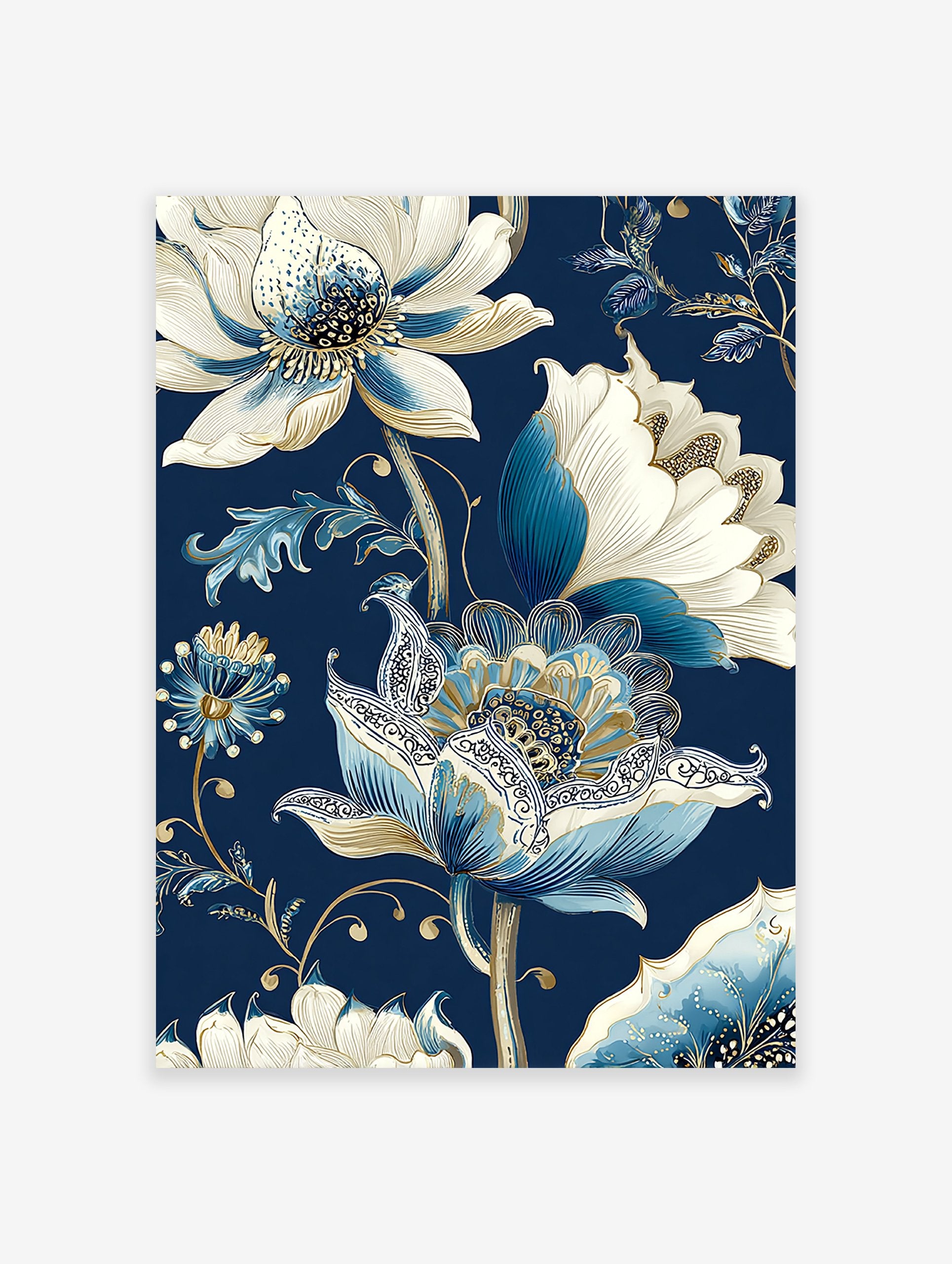 Blue and white floral botanical illustration poster on a dark blue background with gold accents.