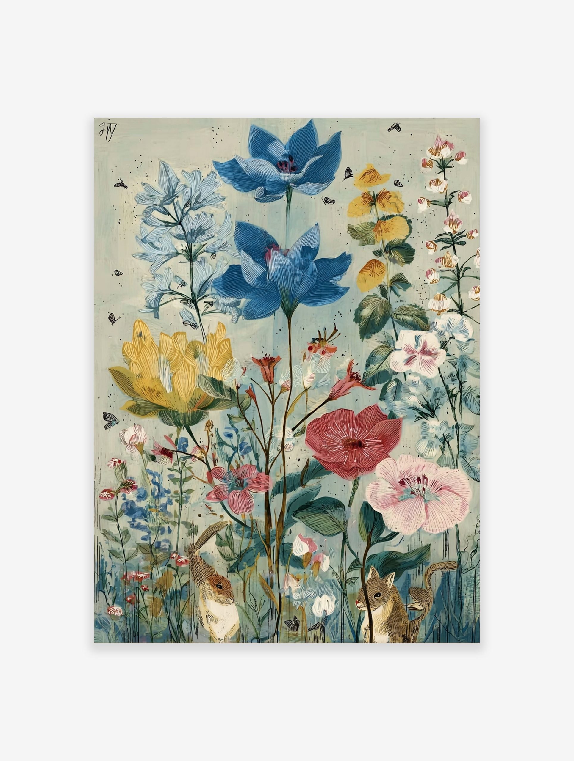 Illustrative botanical garden print with blue, yellow, red flowers, green foliage, and two chipmunks