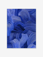 Close-up of blue abstract art with textured, flowing brushstrokes in indigo and cobalt tones
