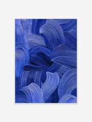 Close-up of blue abstract art with textured, flowing brushstrokes in indigo and cobalt tones