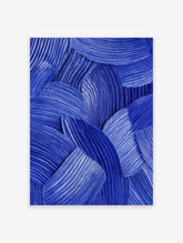 Blue abstract wall art with textured, overlapping curved brushstrokes and fine parallel lines
