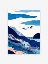 Abstract blue landscape wall art featuring an airplane flying over patterned hills and clouds in shades of blue and white.