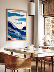 Abstract blue landscape wall art featuring an airplane flying over patterned hills and clouds in shades of blue and white. - Image 2