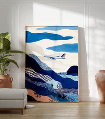 Abstract blue landscape wall art featuring an airplane flying over patterned hills and clouds in shades of blue and white. - Image 3