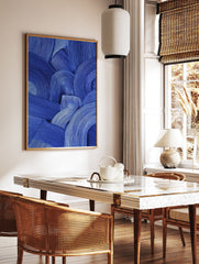 Blue abstract wall art featuring thick, textured brushstrokes forming curved and wavy patterns on a canvas. - Image 2