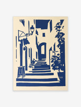 Navy blue and cream Mediterranean alleyway art print with stone steps and potted plants