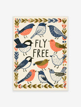 Folk art bird poster with nine stylised birds, botanical border, and Fly Free text on cream background